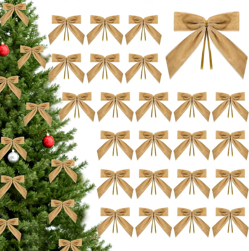CCILAND Store 24 Pcs Light Brown Small Velvet Bows for Christmas Tree, 3.54 Inch Mini Christmas Bows for Gift Wrapping, Twist Tie Velvet Bows Xmas Ornaments for Wreath, Crafts, Party, Wedding - Image 1
